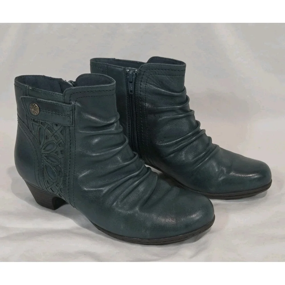 Rockport Cobb Hill Abilene Ankle Boots WMN 7M Teal Blue Ruched Leather Laser Cut